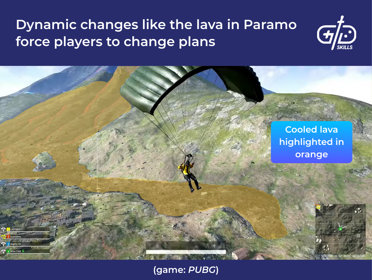 Dynamic changes like the lava in Paramo force players to change plans