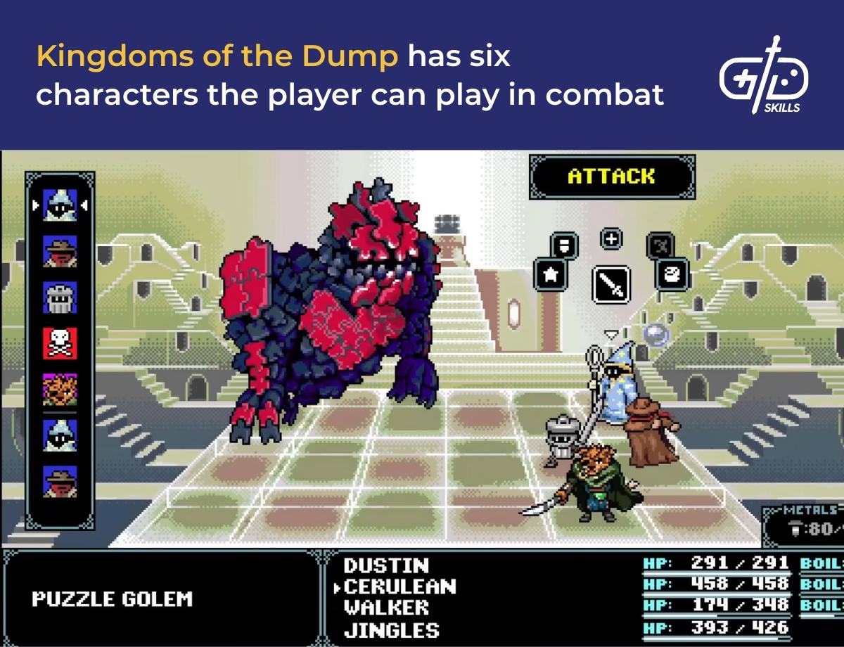 Kingdoms of the Dump has six characters the player can play in combat