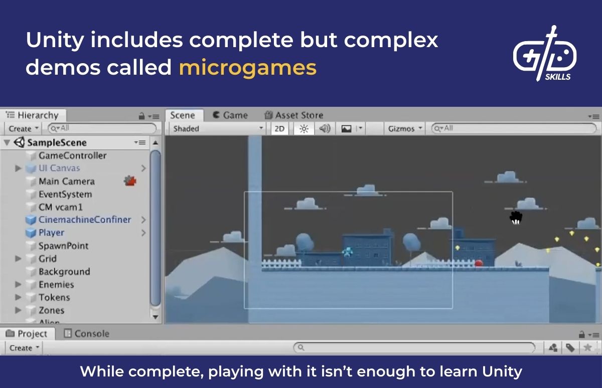 Unity includes complete but complex demos called microgames