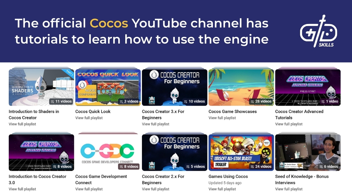 The official Cocos YouTube channel has tutorials to learn how to use the engine