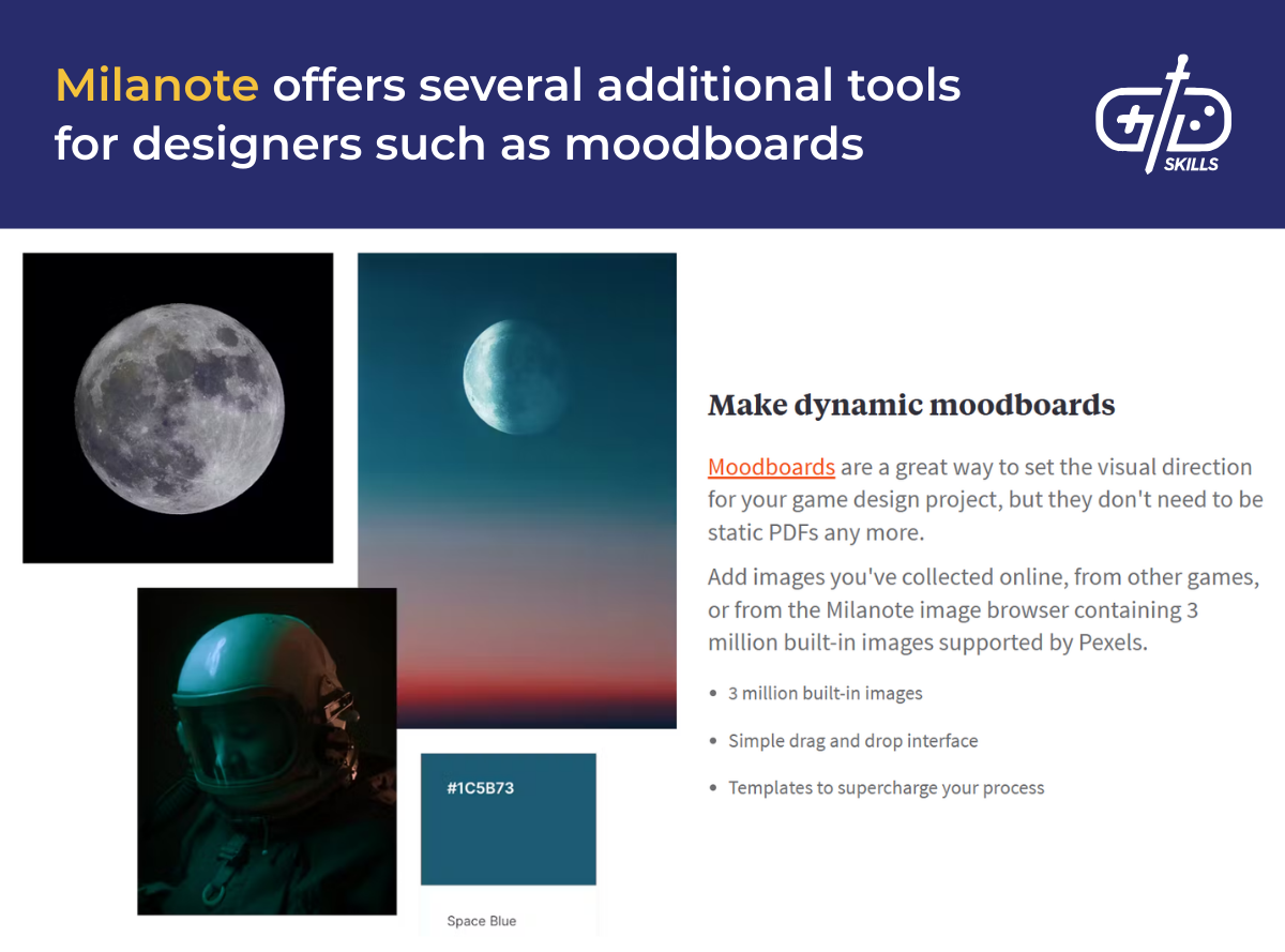 Milanote offers several additional tools for designers such as moodboards