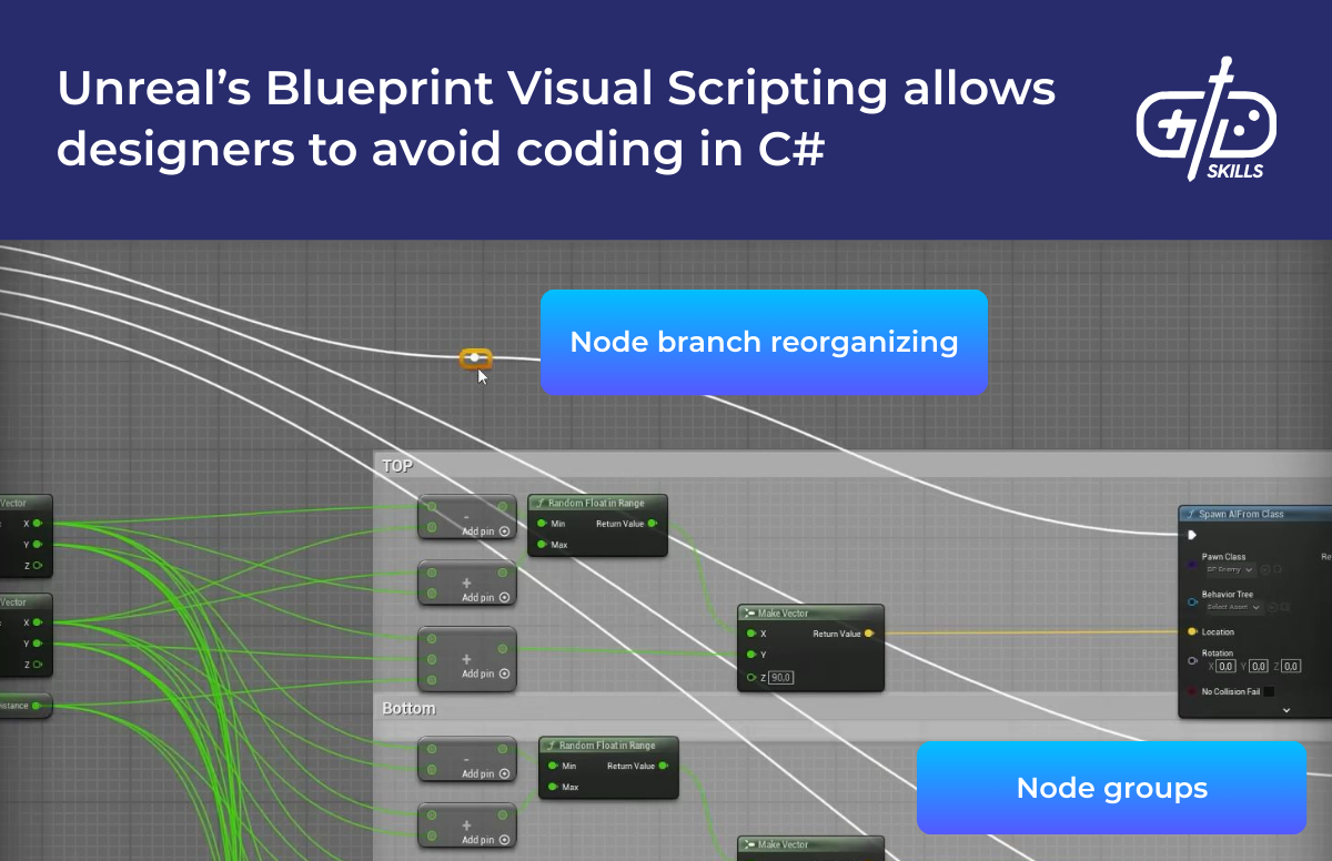 Unreal’s Blueprint Visual Scripting allows designers to avoid coding in C#