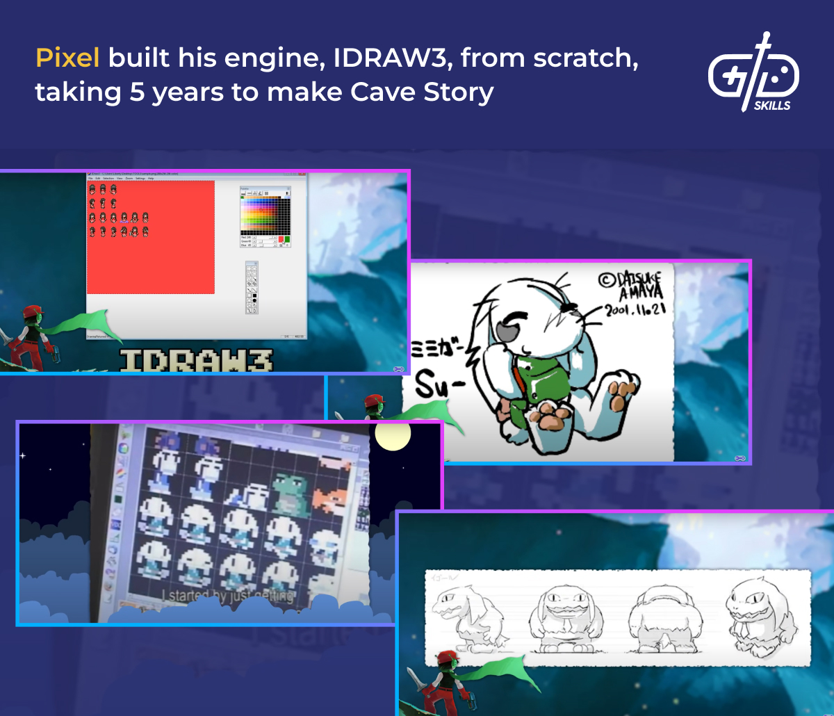 Pixel built his engine, IDRAW3, from scratch, taking 5 years to make Cave Story