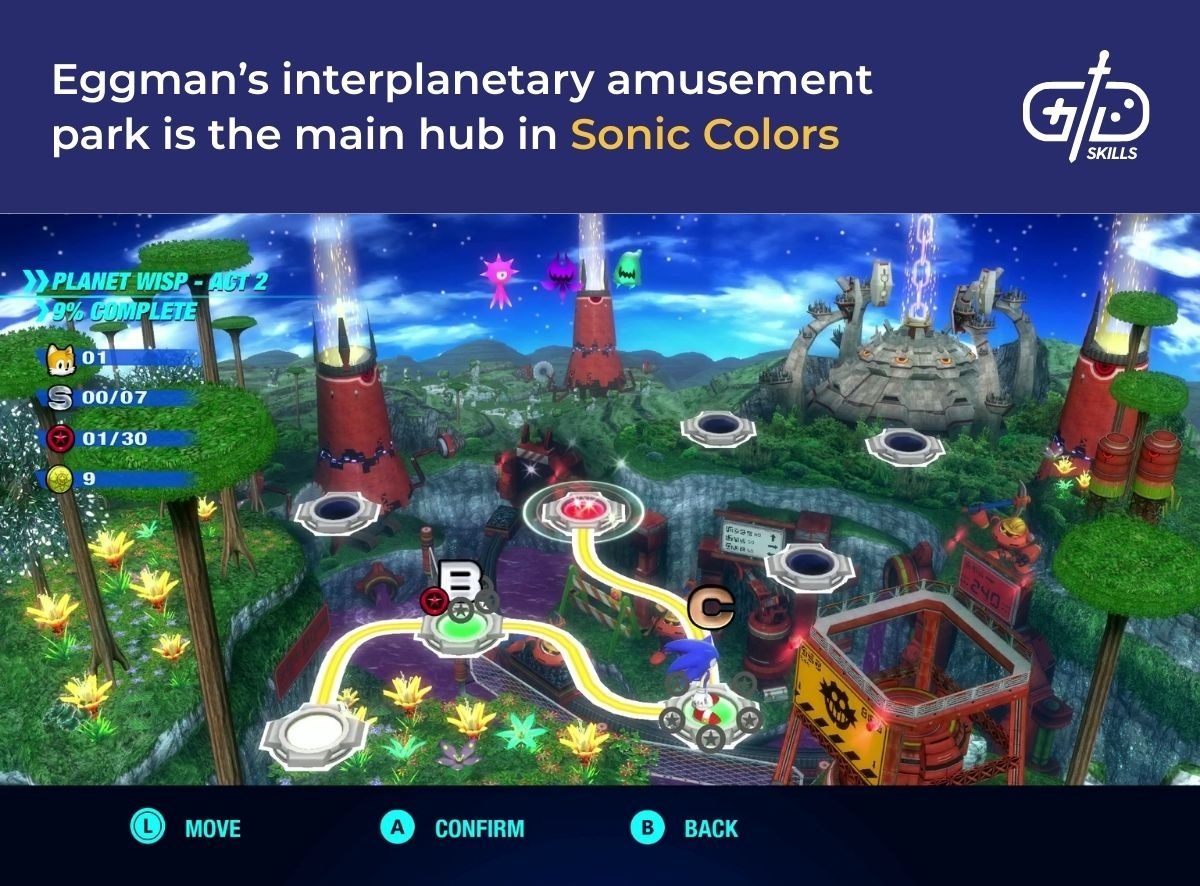 Eggman’s interplanetary amusement park is the main hub in Sonic Colors