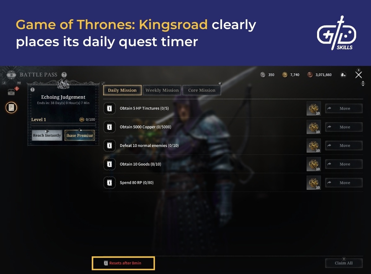 Game of Thrones: Kingsroad clearly places its daily quest timer