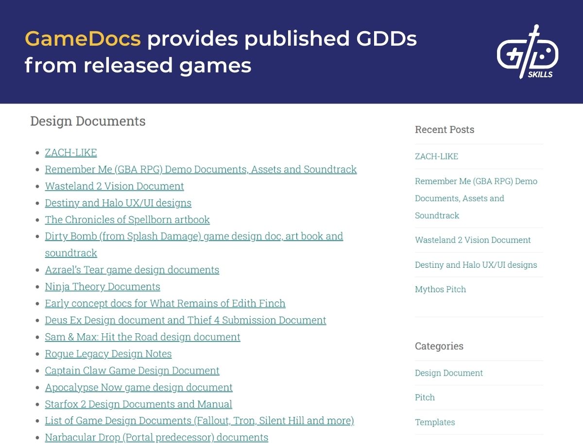 GameDocs provides published GDDs from released games