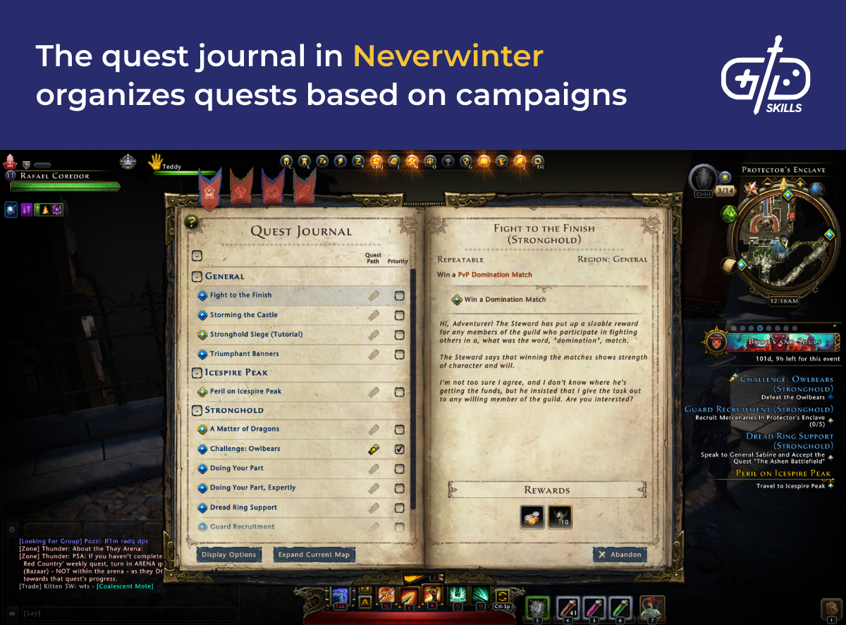 The quest journal in Neverwinter organizes quests based on campaigns