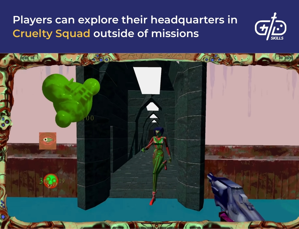 Players can explore their headquarters in Cruelty Squad outside of missions