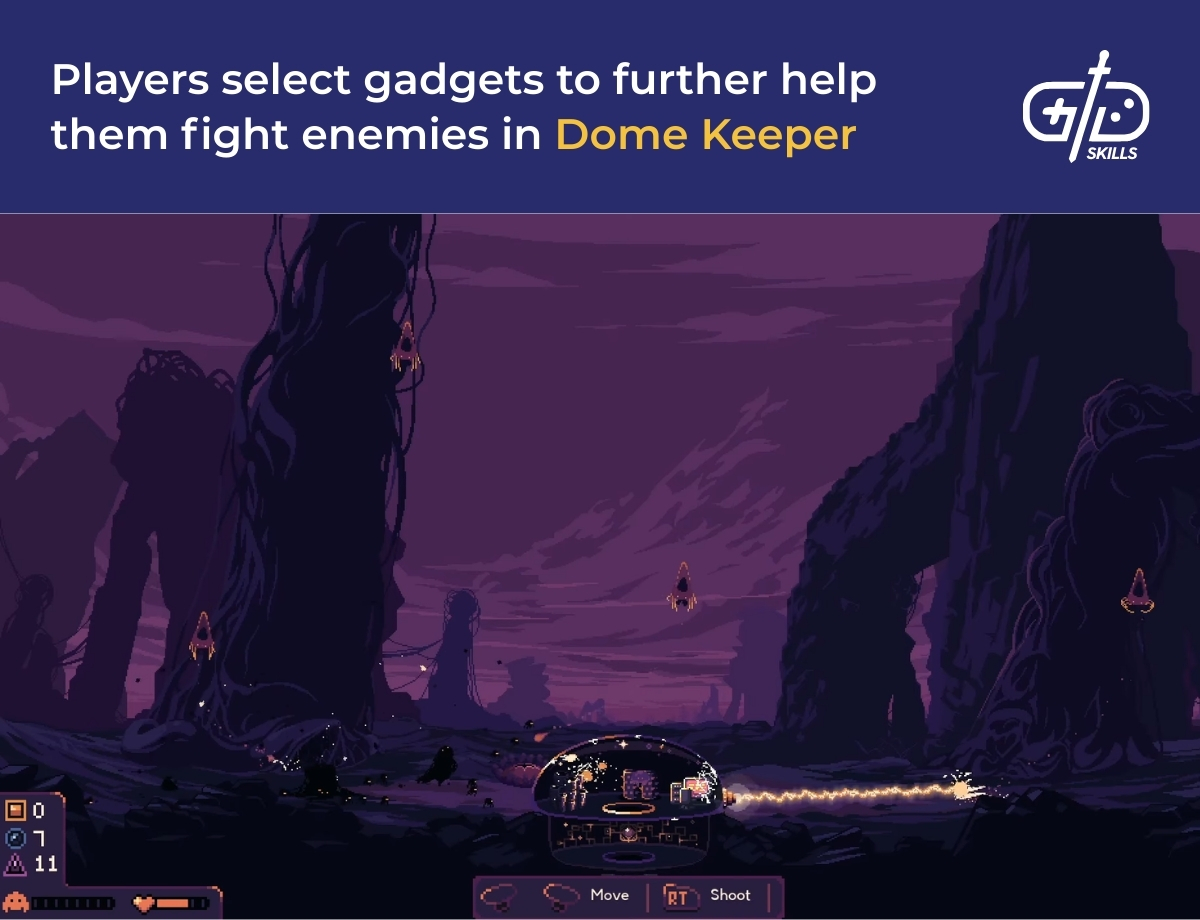 Players select gadgets to further help them fight enemies in Dome Keeper