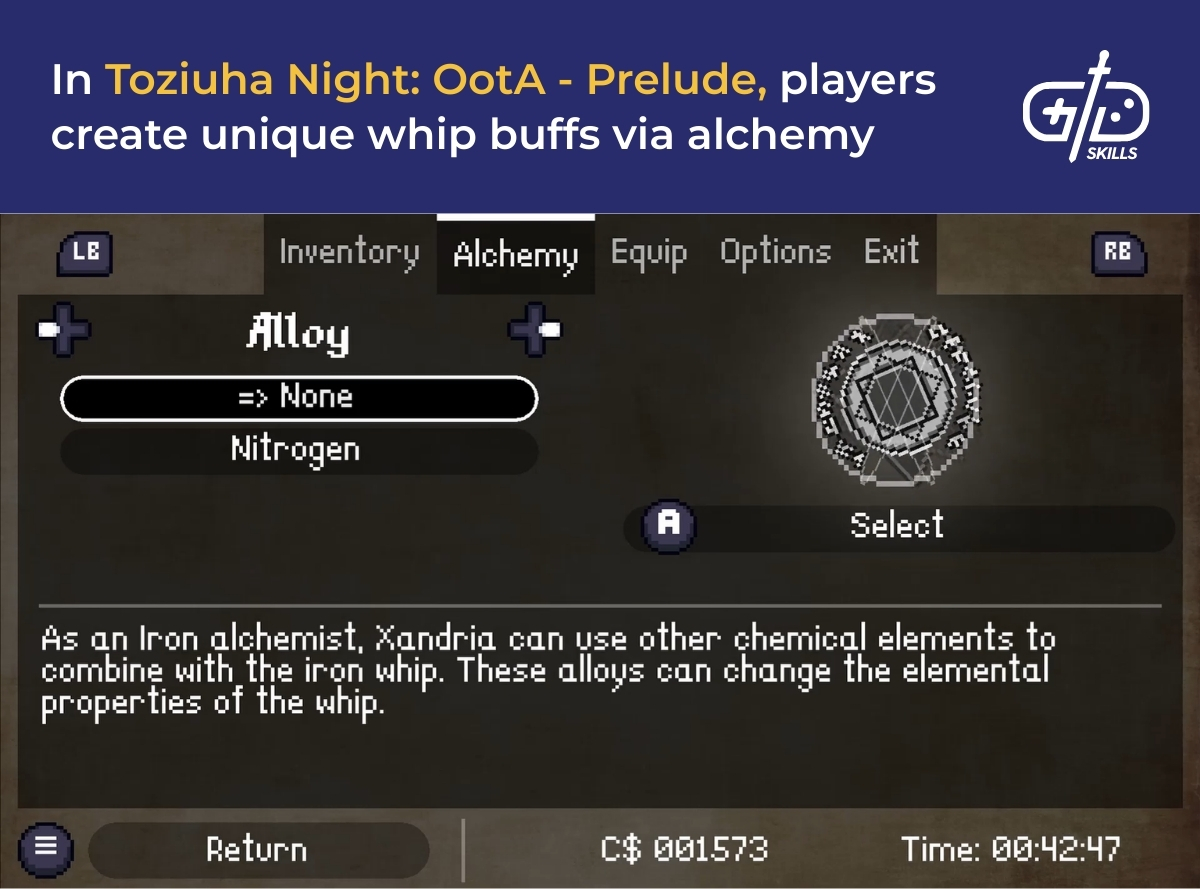 In Toziuha Night: OotA - Prelude, players create unique whip buffs via alchemy