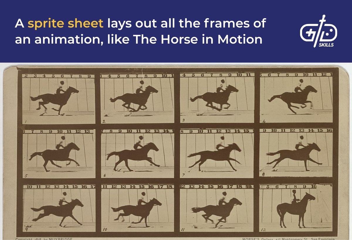 A sprite sheet lays out all the frames of an animation, like The Horse in Motion