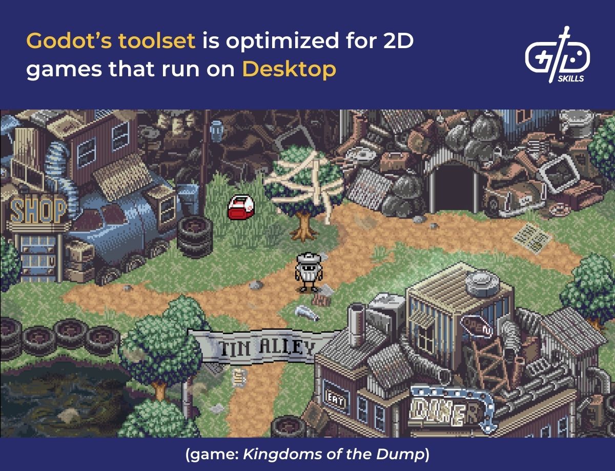 Godot's toolset is optimized for 2D games that run on Desktop