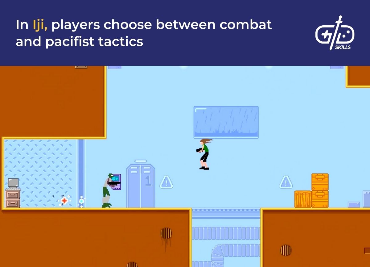 In Iji, players choose between combat and pacifist tactics