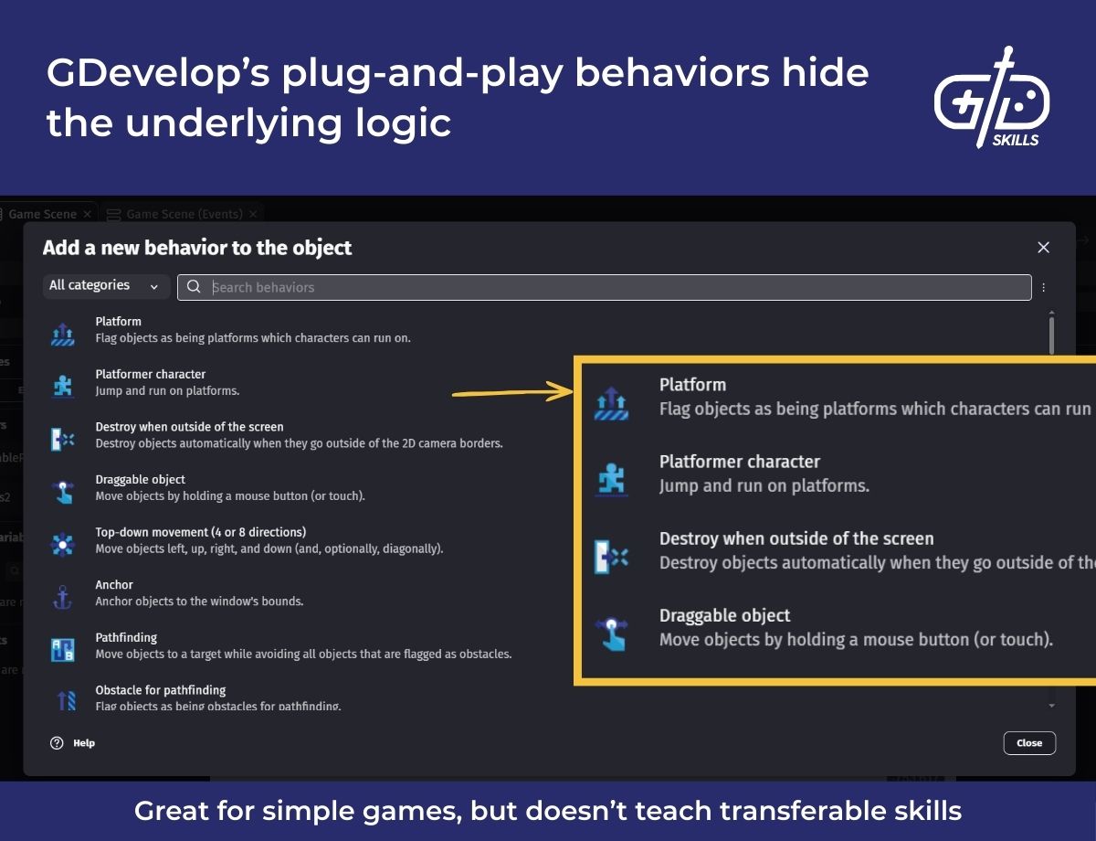 GDevelop's plug-and-play behaviors hide the underlying logic
