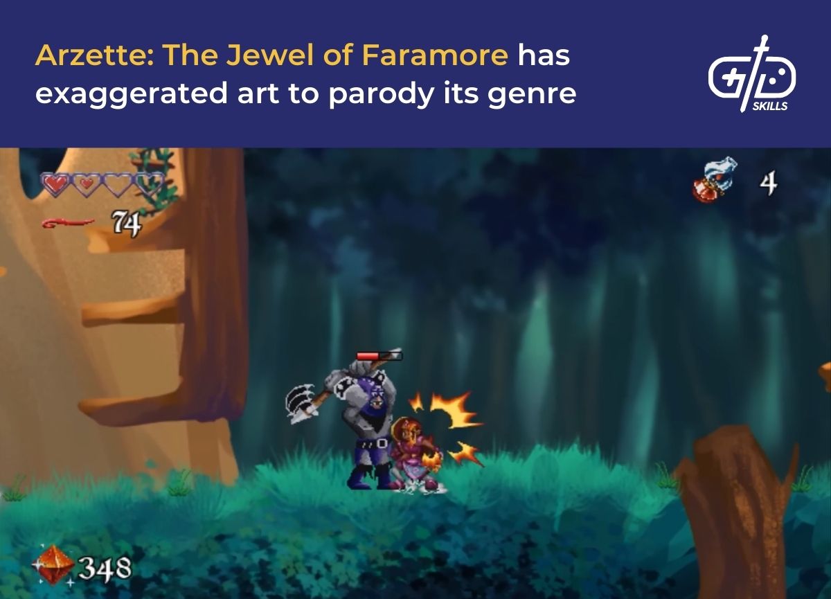 Arzette: The Jewel of Faramore has exaggerated art to parody its genre