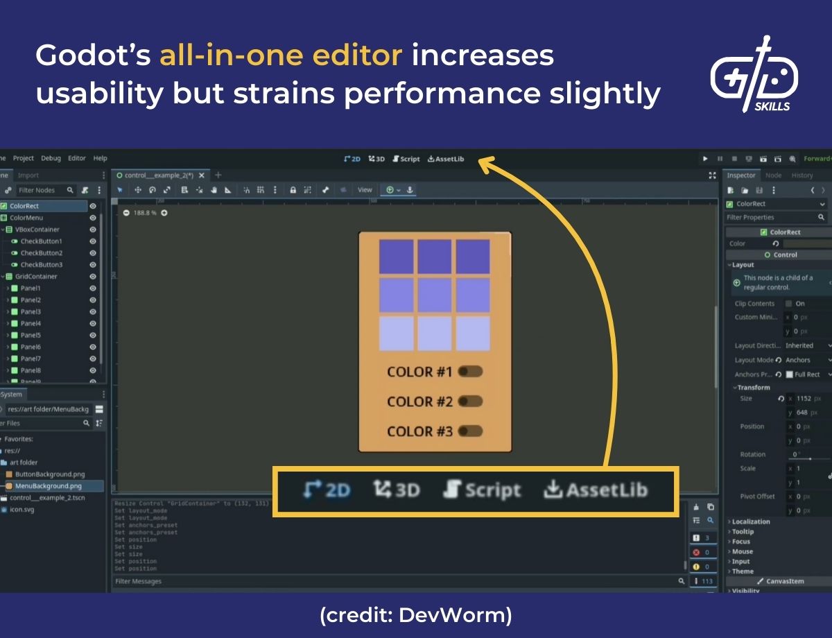Godot's all-in-one editor increases usability but strains performance slightly