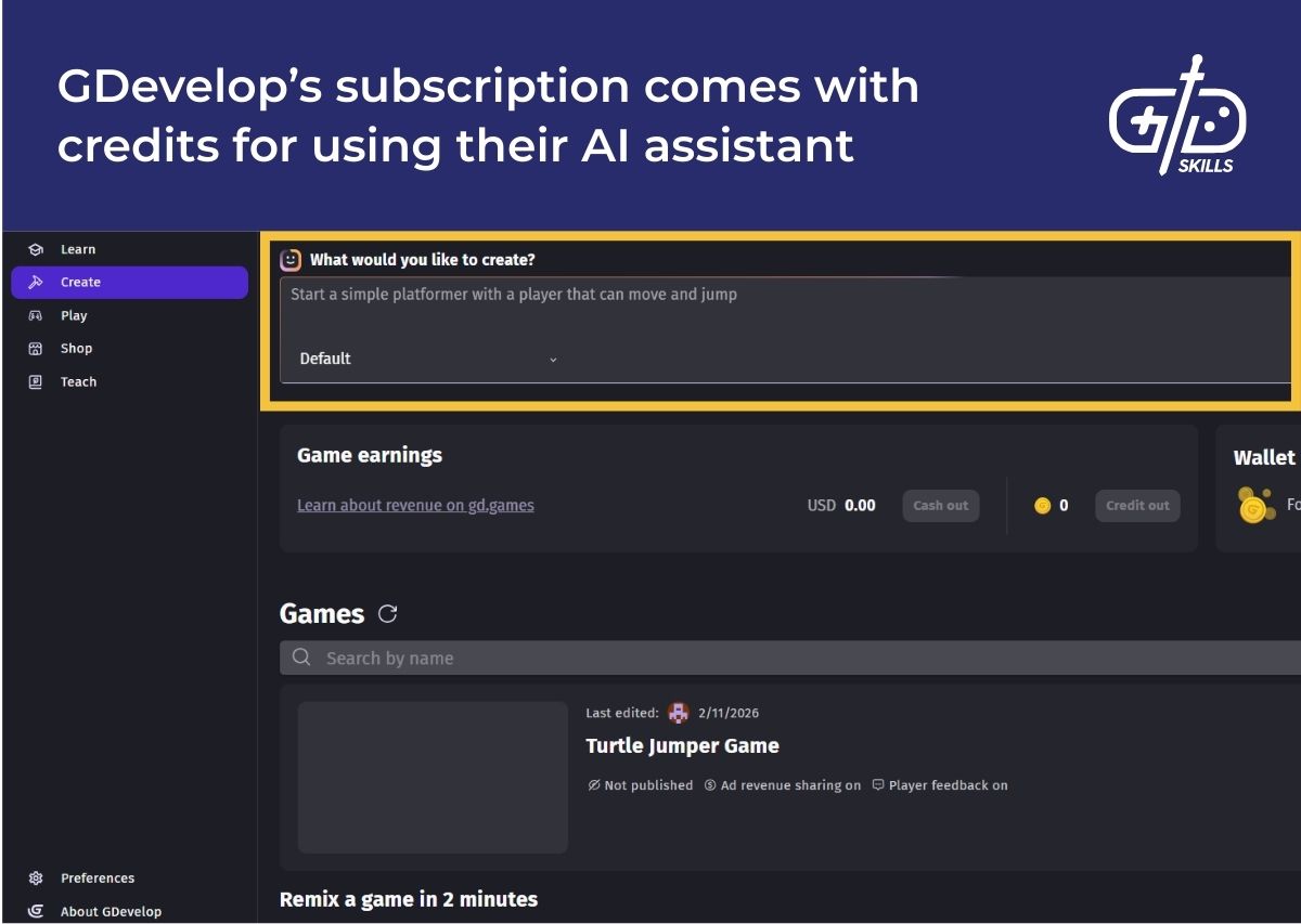 GDevelop's subscription comes with credits for using their Al assistant
