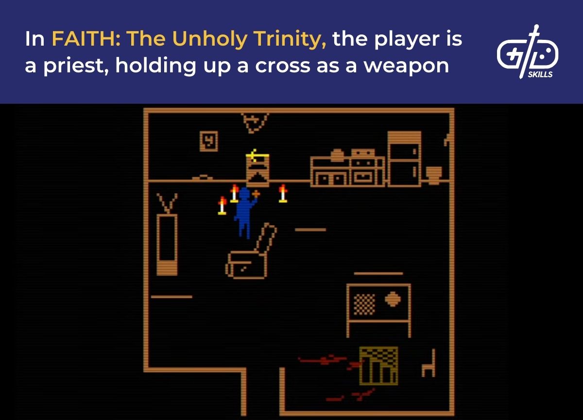 In FAITH: The Unholy Trinity, the player is a priest, holding up a cross as a weapon