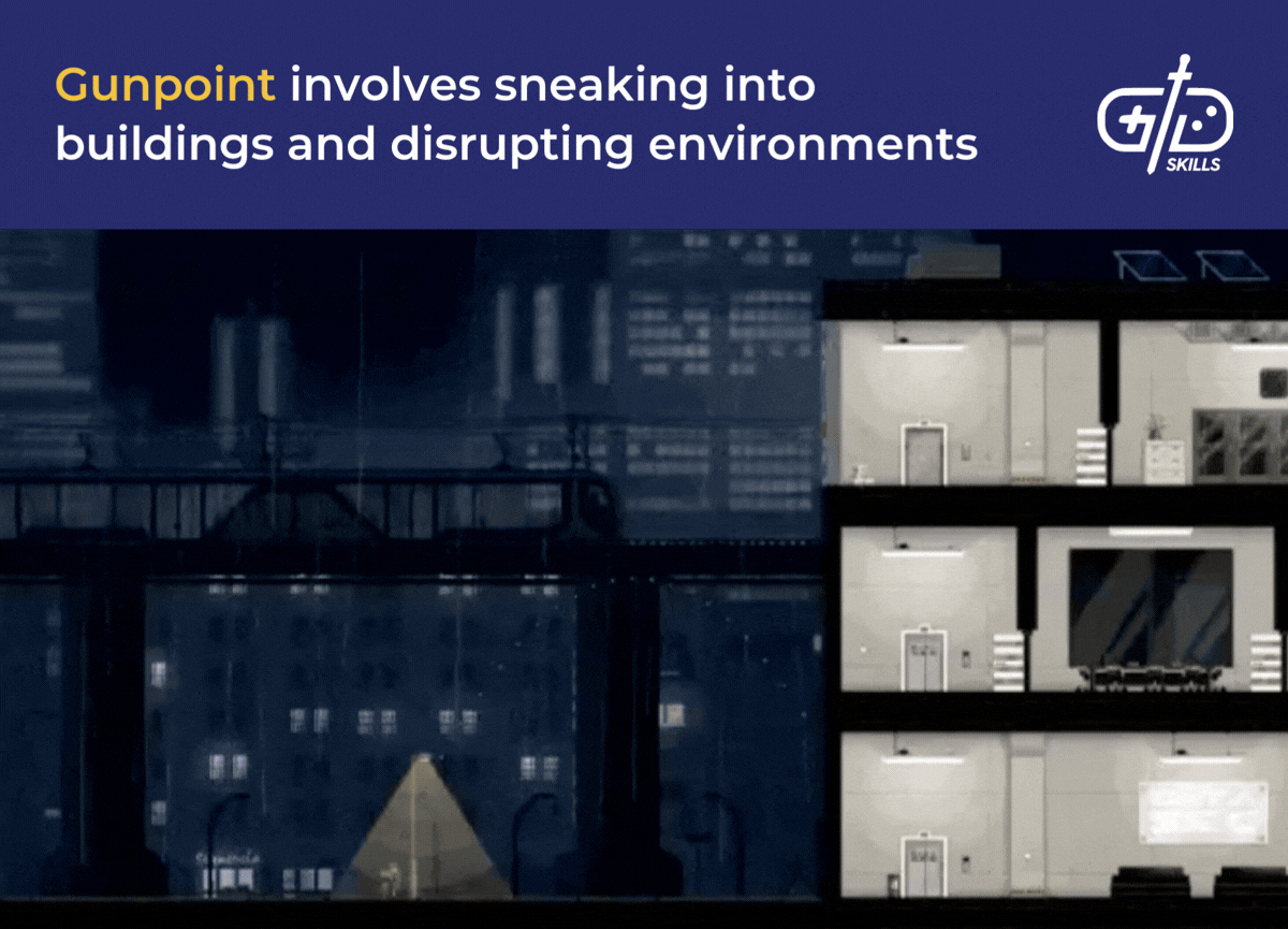 Gunpoint involves sneaking into buildings and disrupting environments