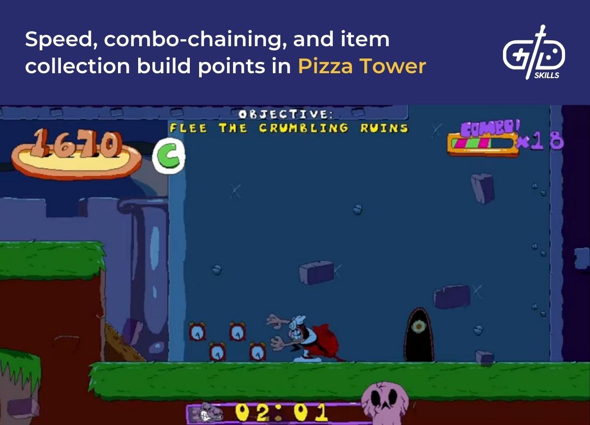 Speed, combo-chaining, and item collection build points in Pizza Tower