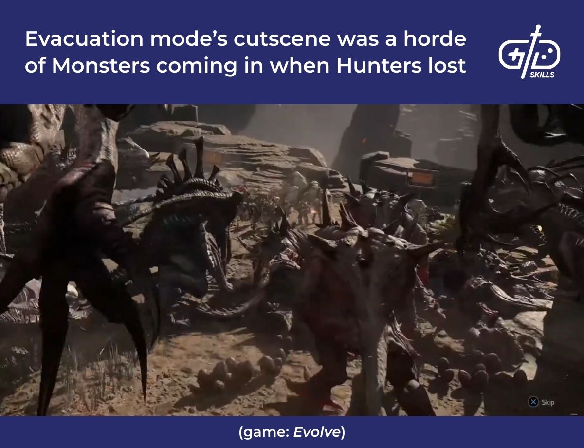 Evacuation mode's cutscene was a horde of Monsters coming in when Hunters lost