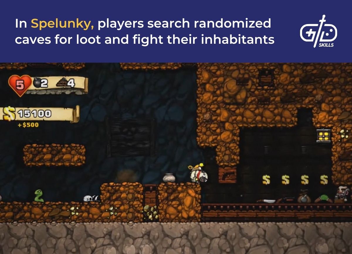 In Spelunky, players search randomized caves for loot and fight their inhabitants
