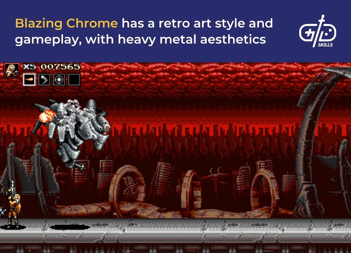 Blazing Chrome has a retro art style and gameplay, with heavy metal aesthetics